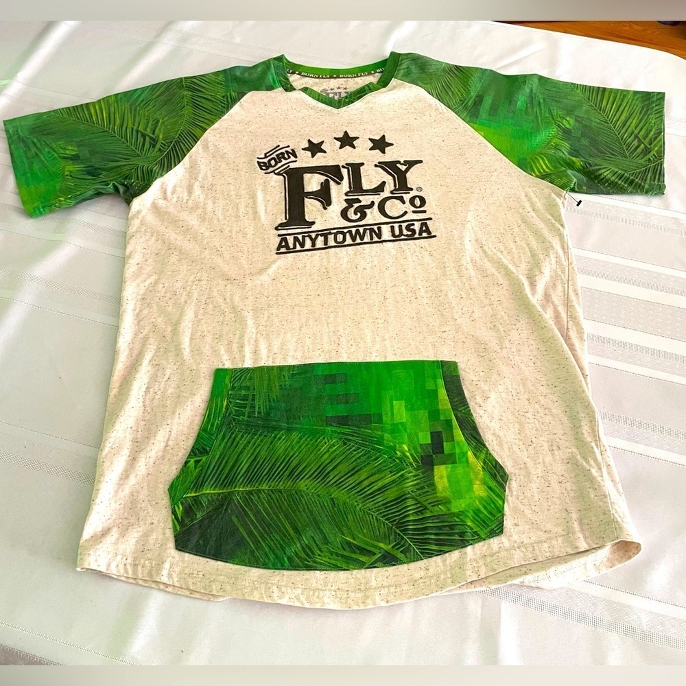 NWOT Men’s Born Fly Embroidered Tropical Tee Shirt V-neck w/Front Pocket size XL